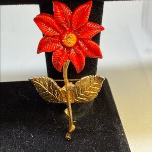 Mother Mary Brooch Red and Gold Tone Flower Vintage
